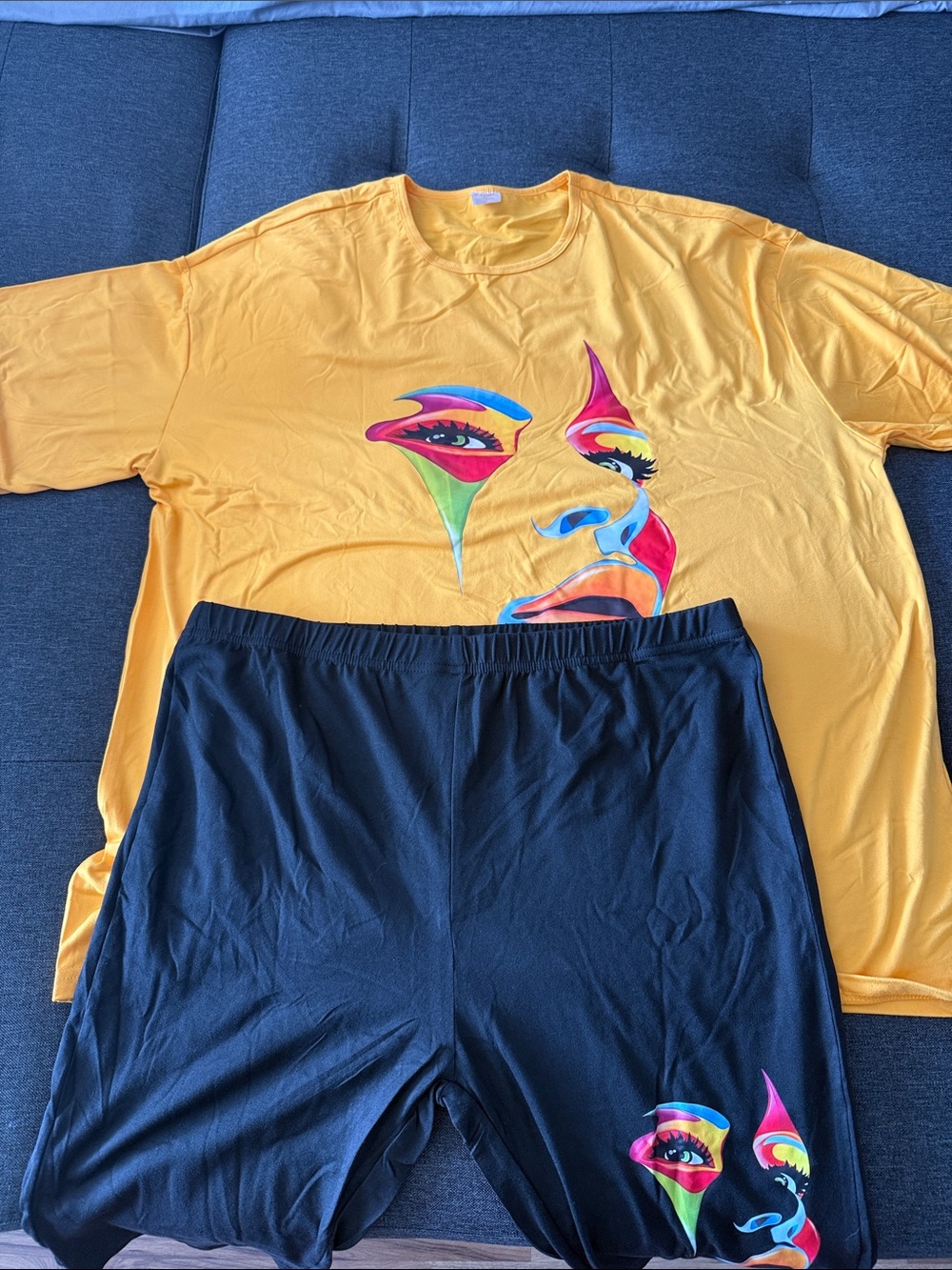 Yellow Graphic Face Tee and Black Shorts Set